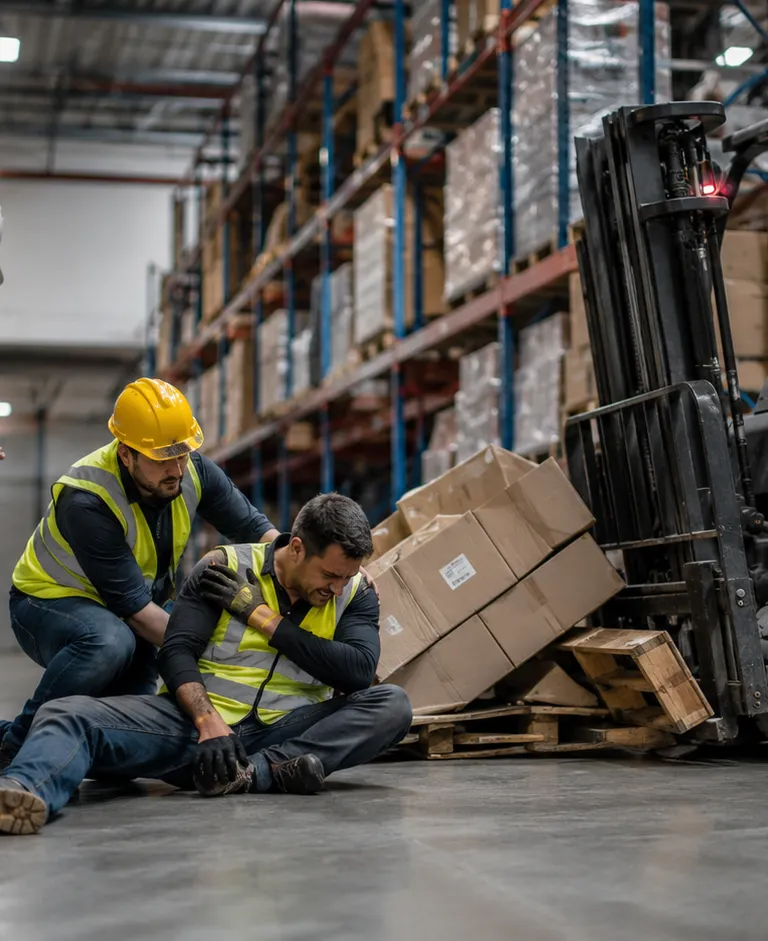 Warehouse workers assist an injured coworker beside a forklift and scattered boxes after an accident in a busy storage facility.