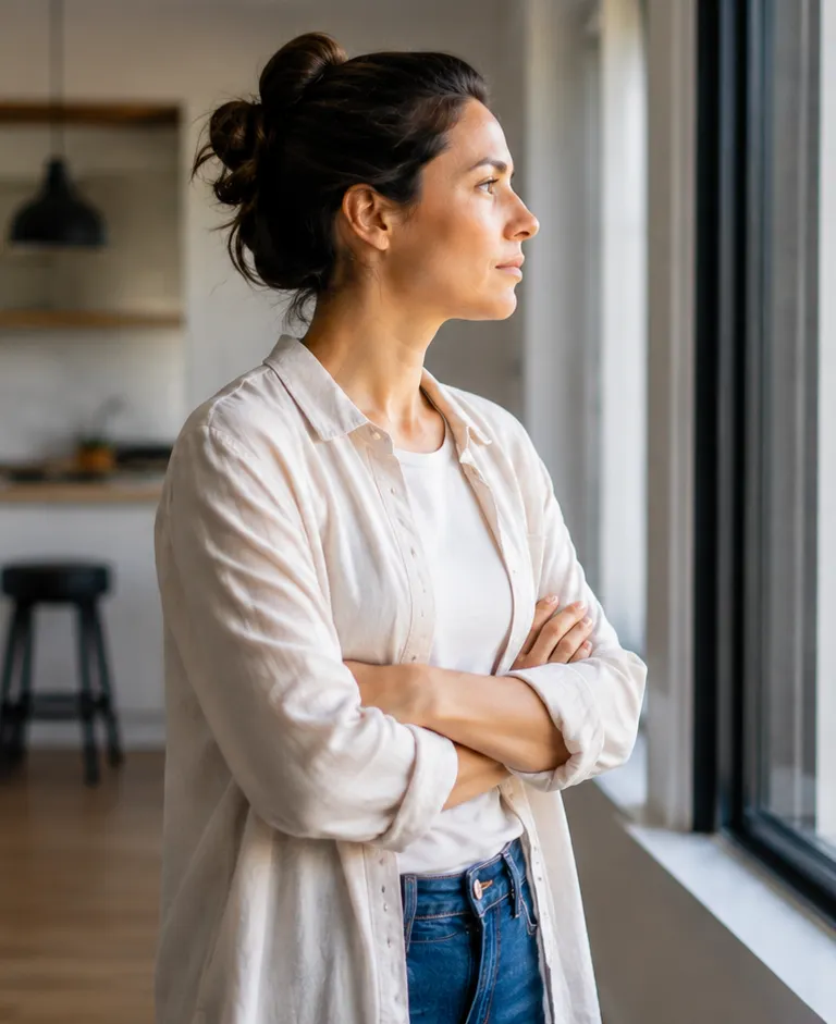 Woman standing with her arms crossed by a large window in a bright modern home, looking thoughtfully outside.