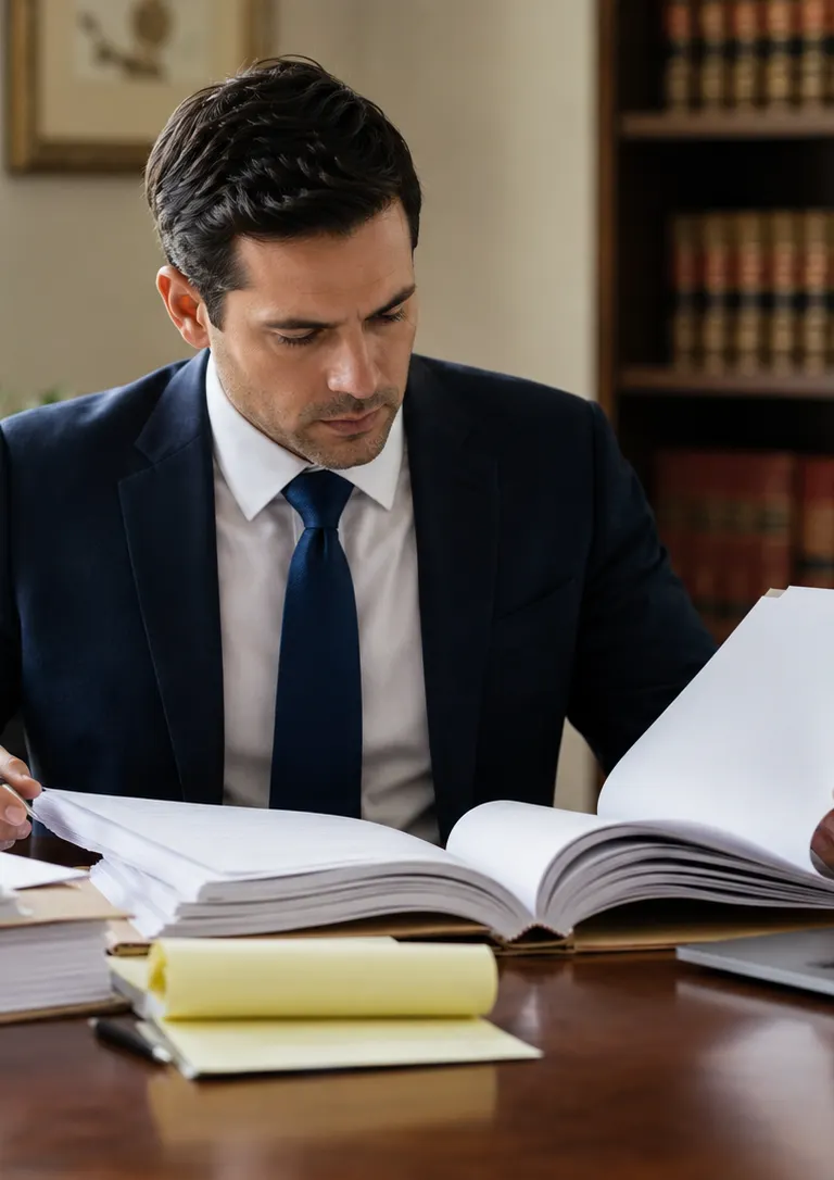 Attorney at a desk reviewing a thick stack of case documents and deposition transcripts, pages spread across the surface with a laptop nearby and law books on shelves behind.