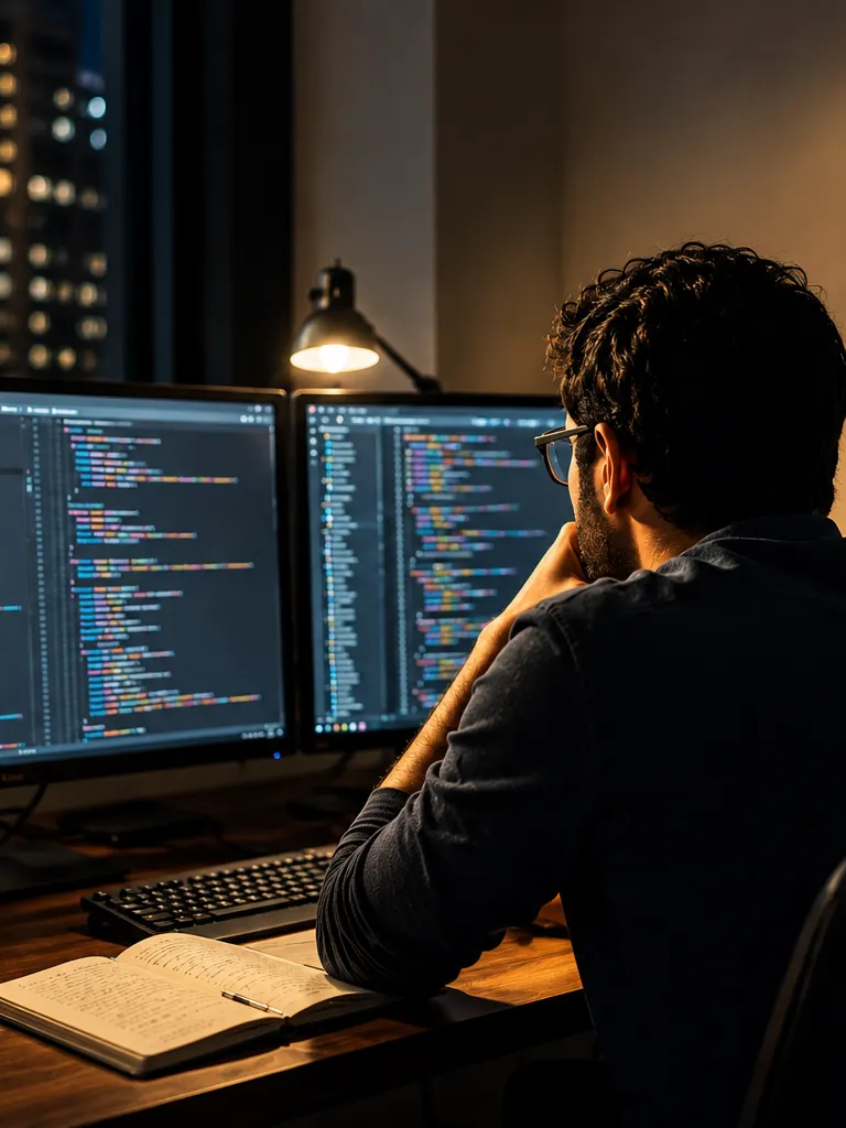 A software developer works late at night writing code on dual monitors as a wall clock shows the extra hours.