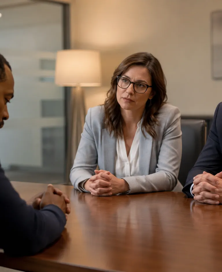 Employee in a tense meeting with two managers across a conference table in a modern office.