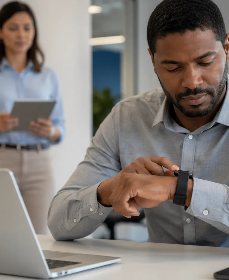 Employee checking a fitness tracker at his desk while a supervisor stands nearby in a modern office.