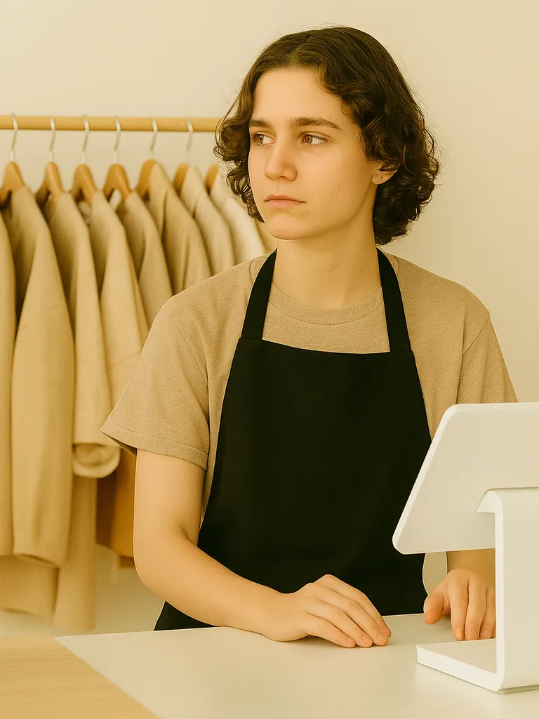 Retail worker thinking about wage theft