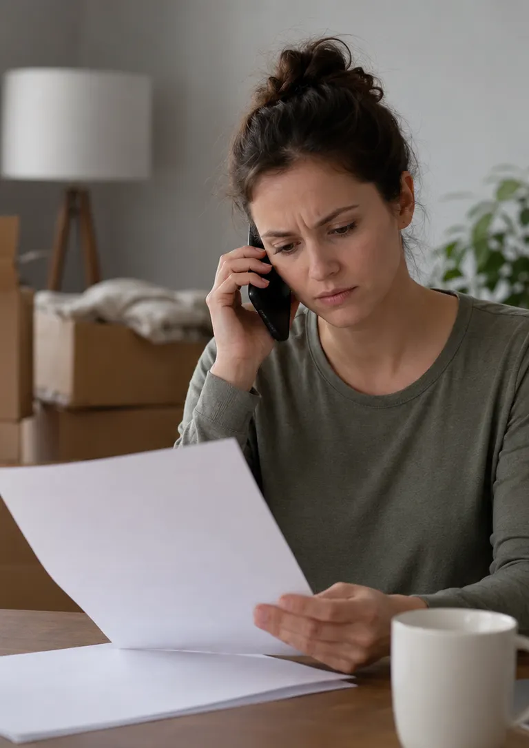 Job applicant at a home desk holding a phone and looking at a printed offer letter with a doubtful expression, packed moving boxes visible behind them.