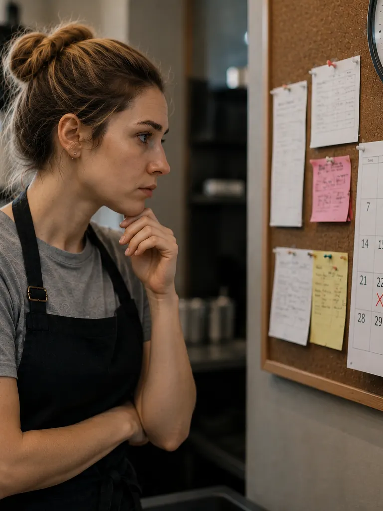 An hourly worker checks a weekly shift schedule beside a wall clock and calendar, reflecting the uncertainty of unpredictable work hours.