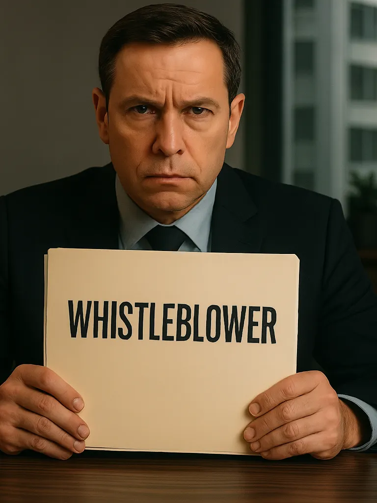 A man holding a folder with a caption: whistleblower