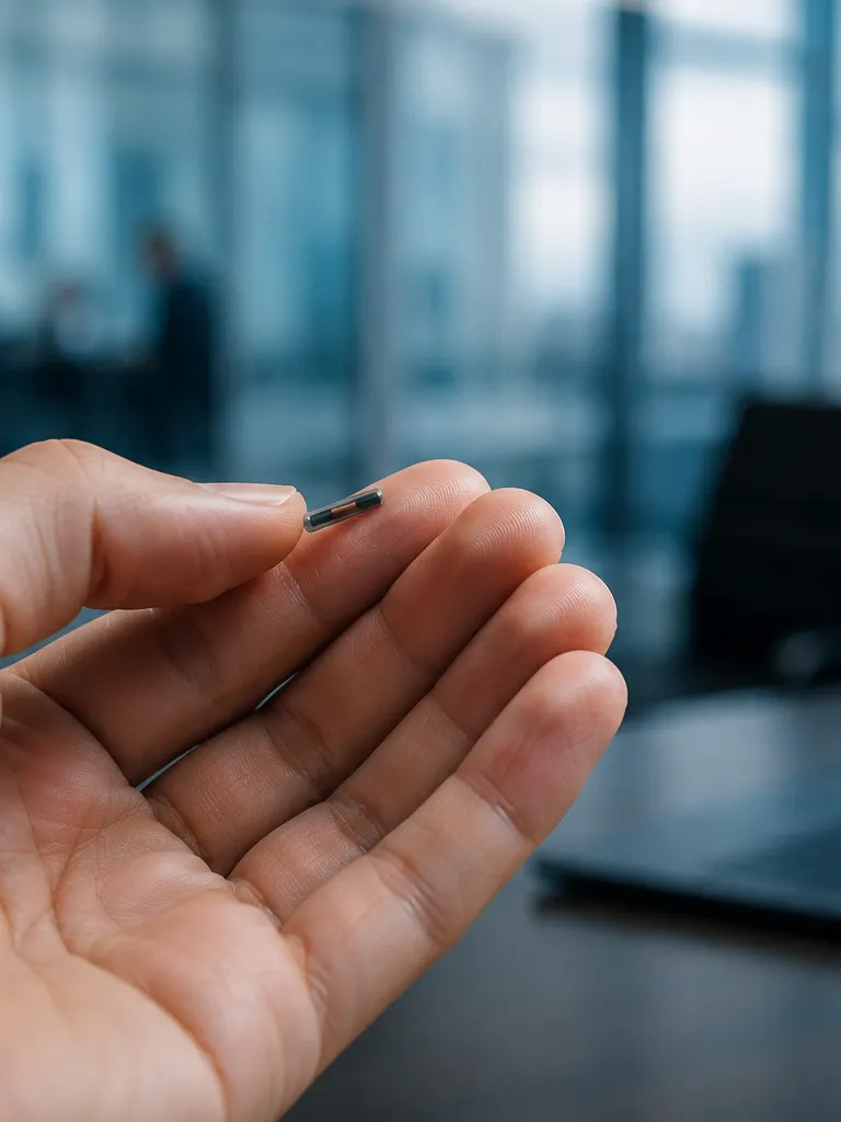 A hand holds a tiny microchip implant between two fingers in a modern office, with a laptop and blurred coworkers in the background.