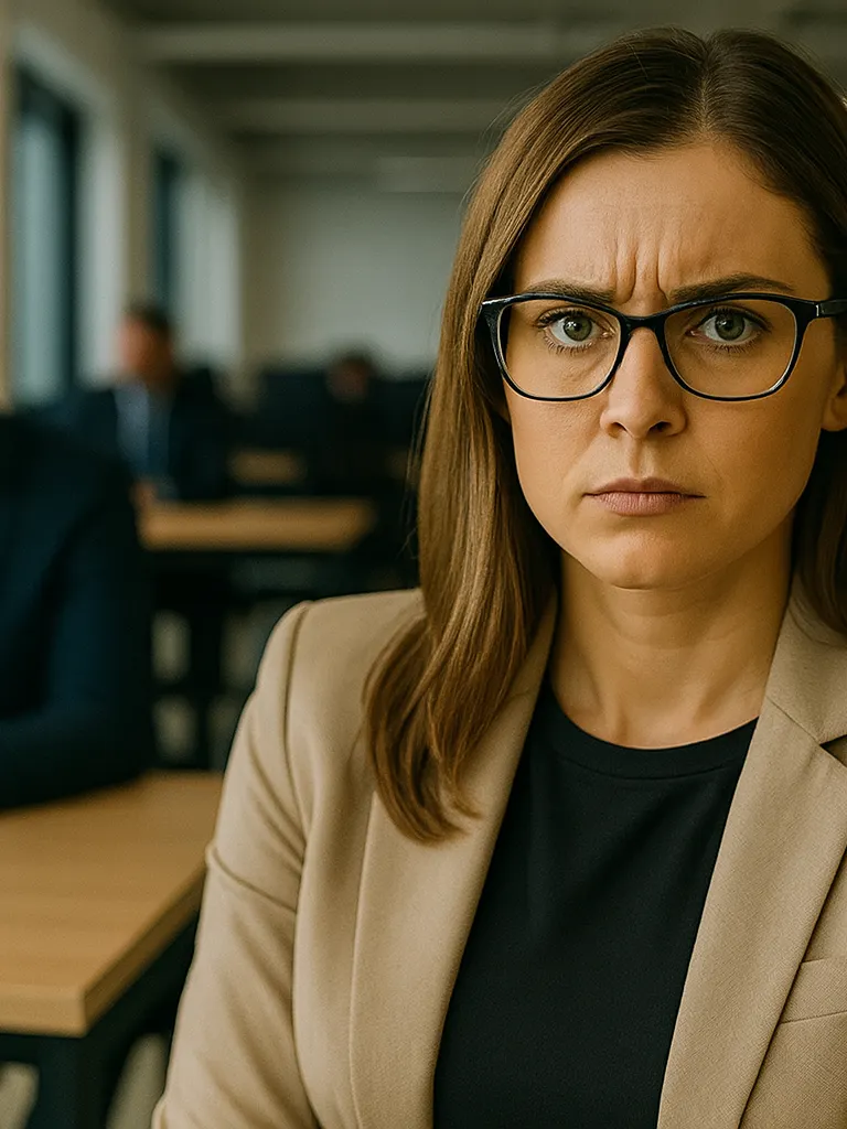 A woman frowning, looking ahead