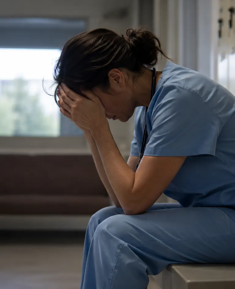 Healthcare worker in scrubs sitting alone in a locker room with her head in her hands, showing signs of severe job-related stress.