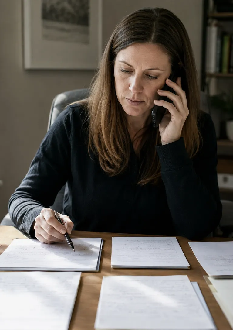 Woman seated at a home desk during a telephone hearing, holding a phone to her ear while reviewing documents spread across the desk with a pen in hand.