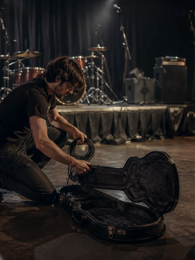 A musician kneeling on a dim stage after a show, coiling a cable beside an open guitar case, with amplifiers, a drum kit, and equipment cases around him.