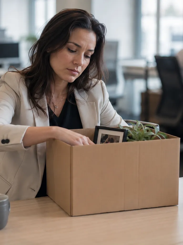 Employee with a subdued expression packing personal belongings into a cardboard box at their desk in a professional office, coworkers visible at a distance in the background.