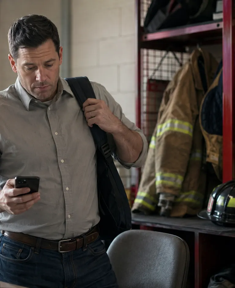 Volunteer firefighter in civilian work clothes checks an emergency call beside firefighting gear at a station.