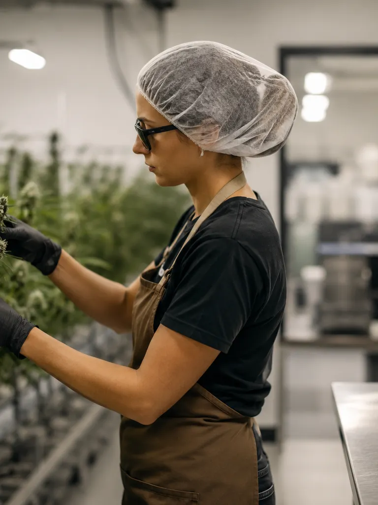 Worker in an apron, gloves, and hairnet tending rows of cannabis plants under grow lights inside an indoor cultivation facility.