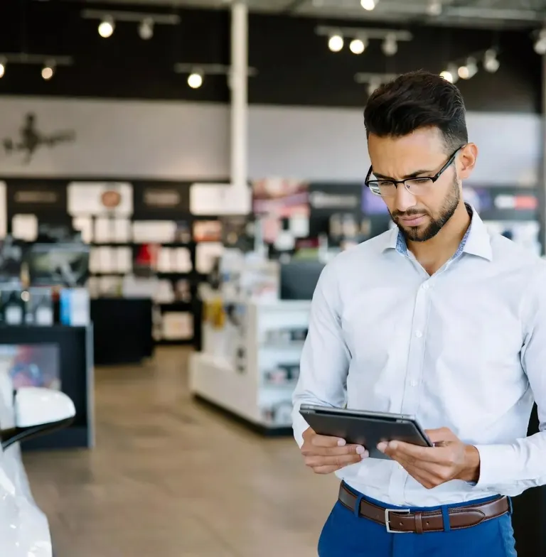 Confident sales professional reviewing a tablet in a bright, modern automotive showroom, representing commission-based work in New Jersey.
