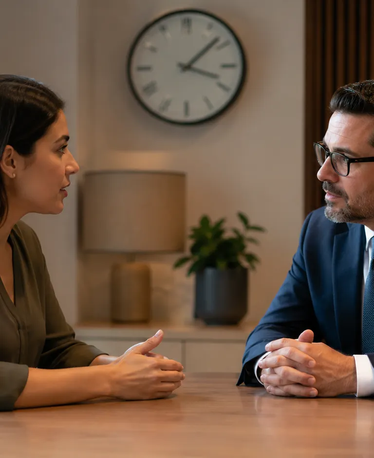 Employee speaking with an employment attorney in a modern office, with a wall clock in the background.