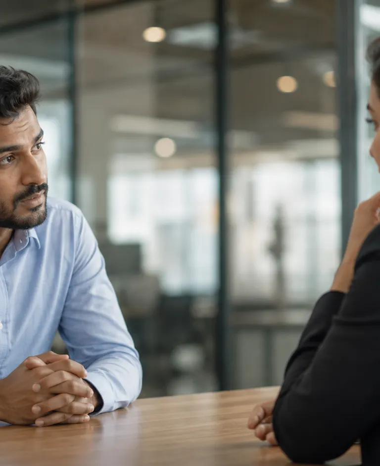 Employee speaking with an HR manager in a modern office during a serious workplace meeting.