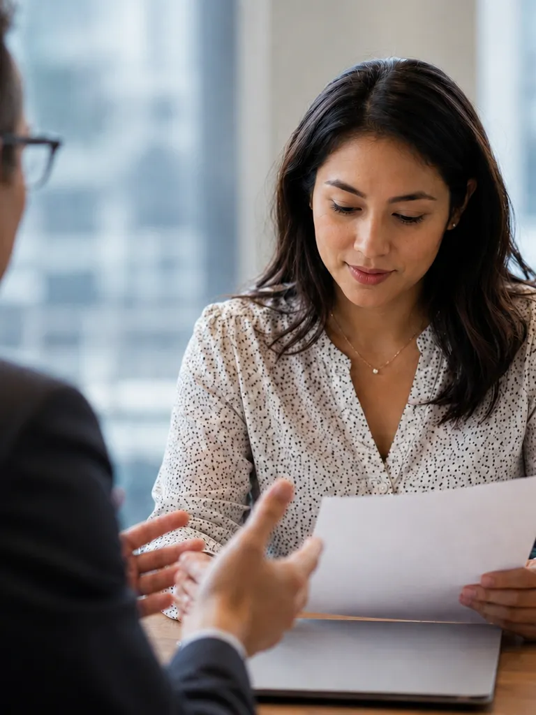 A new hire reviews a written pay and offer document during a hiring meeting with an employer in a New Jersey office.