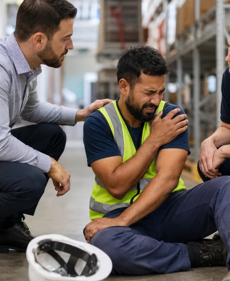 Warehouse worker sitting on the floor after an injury while two supervisors check on him in an industrial worksite.