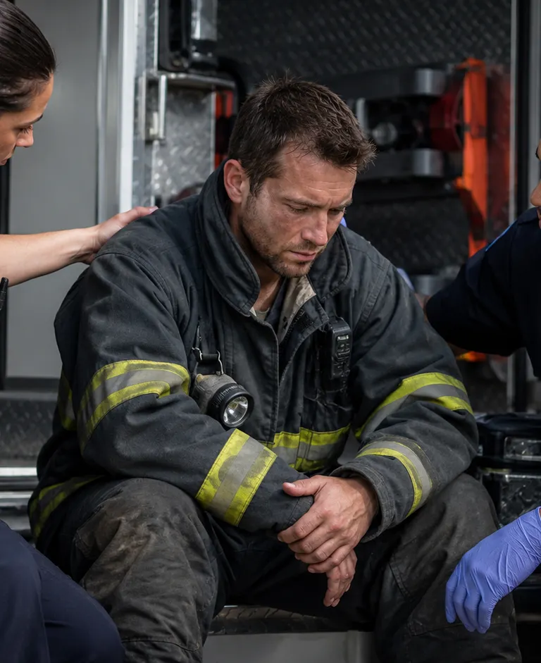 Police officer and EMS worker supporting a distressed firefighter after an emergency response.
