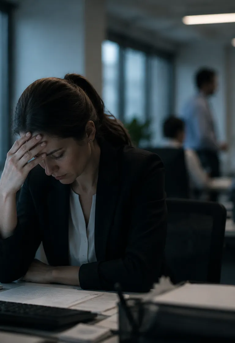 Distressed woman in a dark blazer sitting at a desk in a dim office, resting her forehead on her hand with her eyes closed, while colleagues talk in the blurred background.