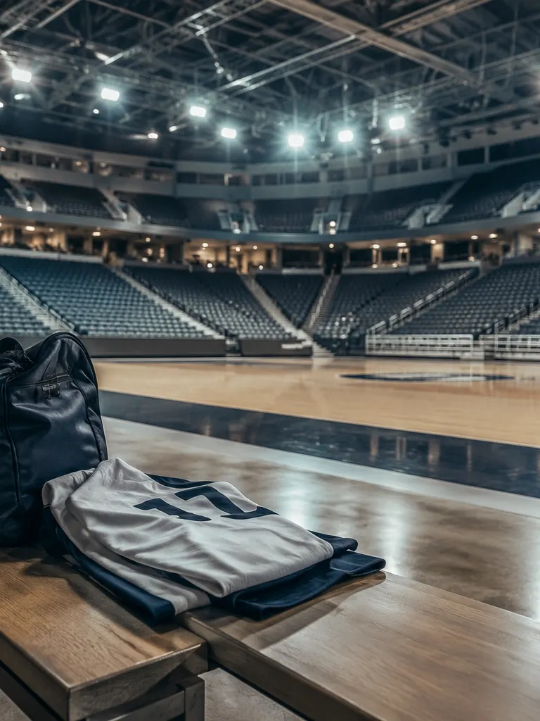 Dark duffel bag and a folded jersey resting on a wooden bench in the foreground of an empty professional basketball arena, tiered seating and the polished court visible in the background under bright overhead lights.