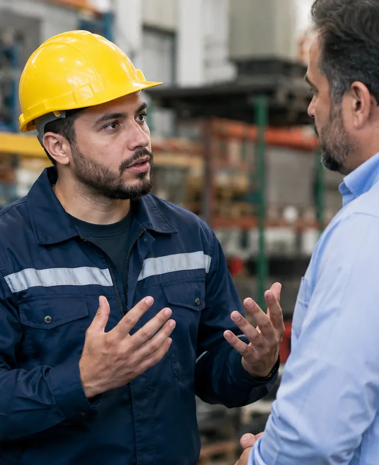 Worker in a hard hat reporting a safety concern to a supervisor inside an industrial workplace.