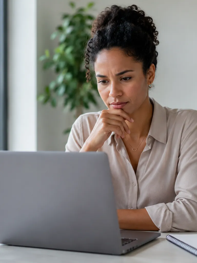 Woman in a beige blouse sitting at a laptop in a bright room, resting her chin on her hand with a focused, concerned expression, a coffee cup and notepad on the table and greenery visible through the window behind her.