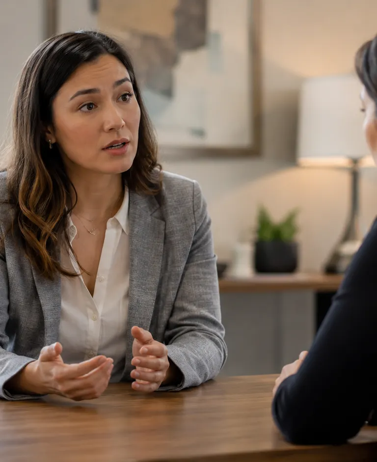 An employee discusses a workplace discrimination claim with an attorney in a modern office.