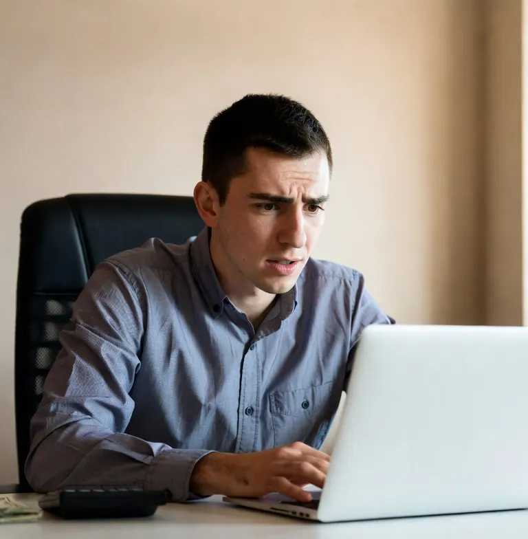 Mid-30s man in a business casual shirt looking stressed at his laptop screen, representing commission and paycheck concerns.