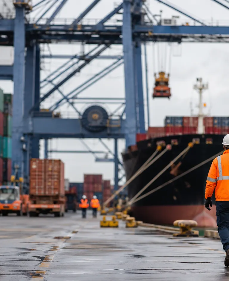 Dock workers in hard hats and high-visibility vests at a port terminal, with shipping containers, a gantry crane, and a docked cargo vessel in the background.