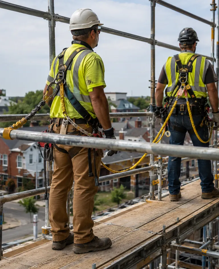 Construction workers wearing fall protection harnesses while working on elevated scaffolding at a building site.