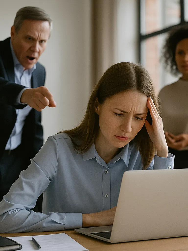 Woman at her desk getting pointed at by a manstanding behind