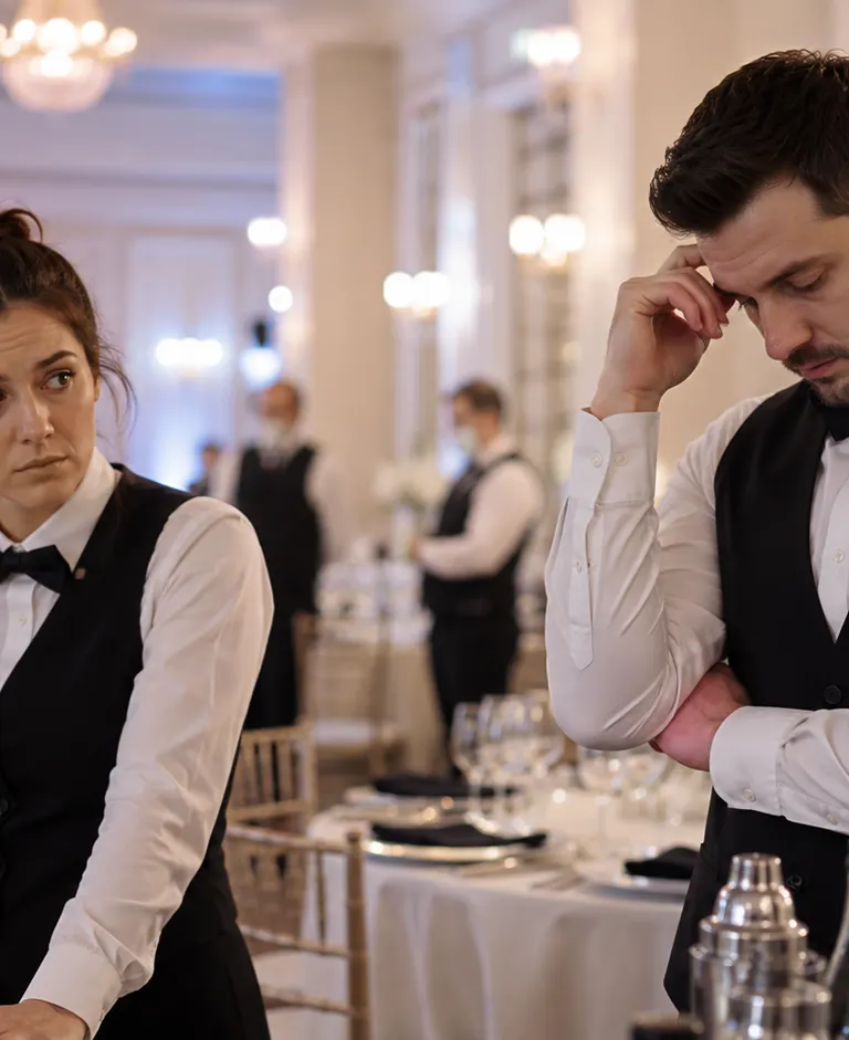 Banquet servers in formal attire look concerned while working in an elegant event hall with tables, glassware, and bar service setup in the background.