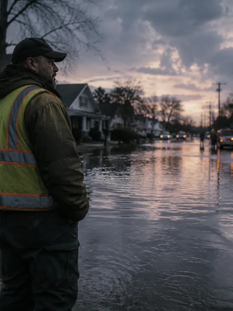 Worker in a high-visibility vest and cap standing on a flooded residential street at dusk, viewed from behind as he looks out over the water toward houses and emergency vehicles, under an overcast sky.