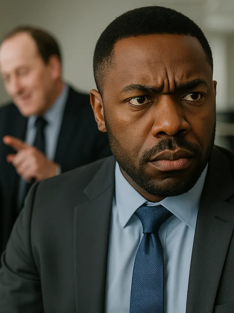 A man frowning, with co-workers chatting behind him