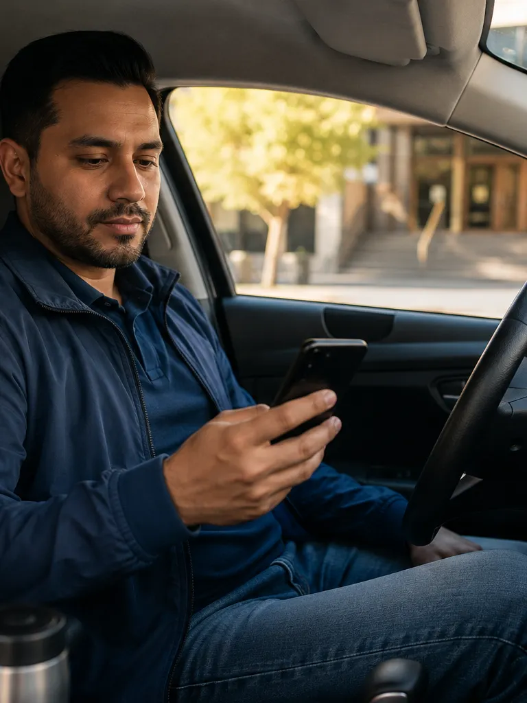 A driver parked at the curb checks a benefits app on a phone, reflecting the coverage gap many independent gig workers face.