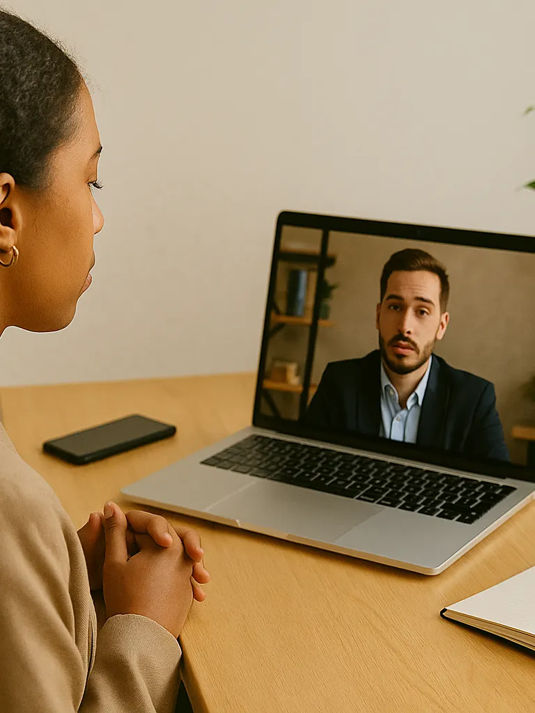 A man and a woman having a video interiew