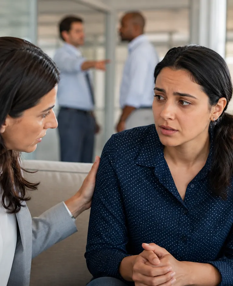 Concerned employee speaking with a manager in a modern office while coworkers appear tense in the background.