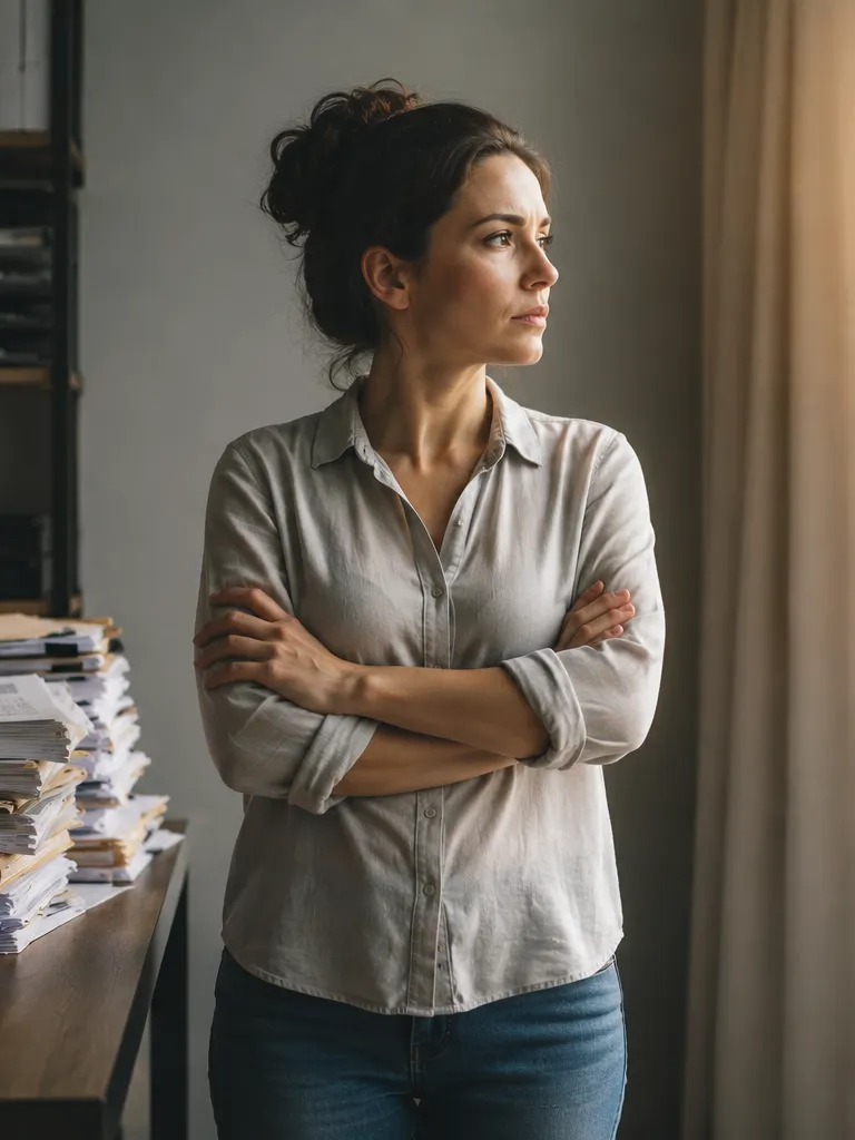Woman in a light shirt standing with her arms crossed in a home office, looking out a sunlit window with a thoughtful expression, tall stacks of paperwork piled on the desk beside her.