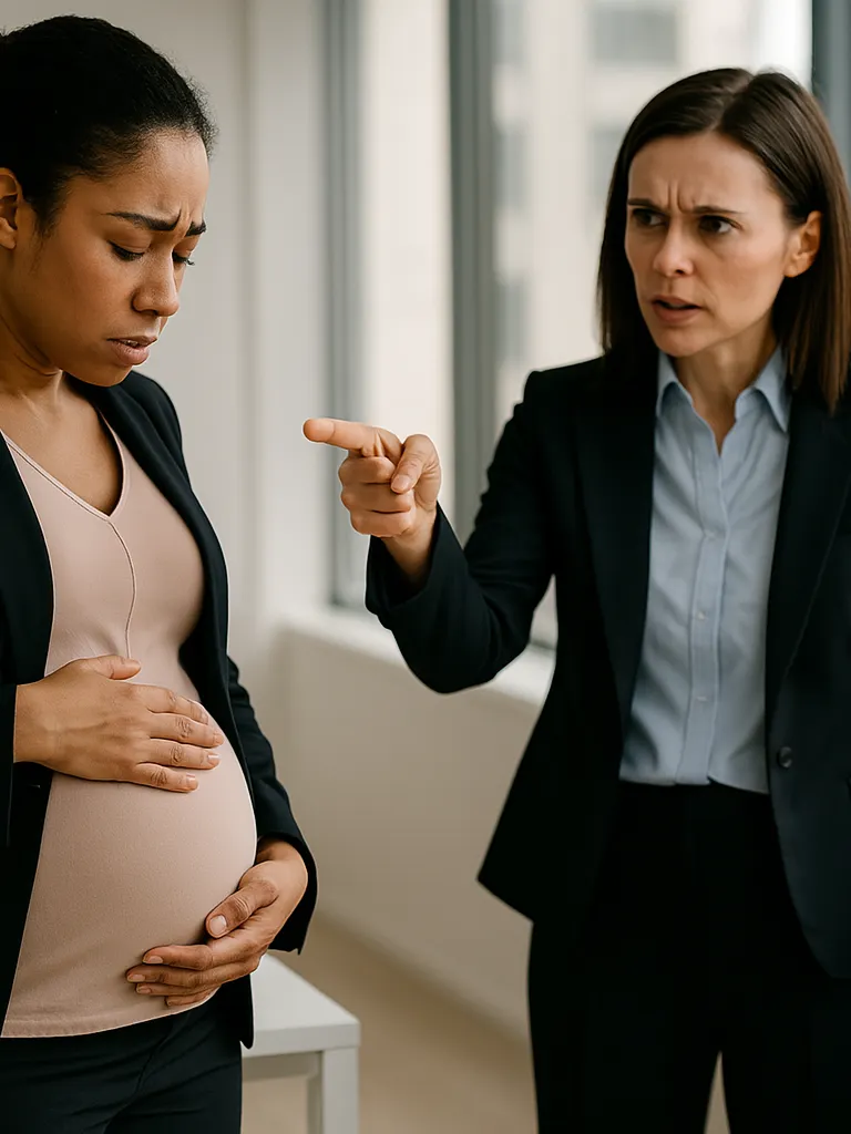 Pregnant woman with another woman pointing at her at an office setting
