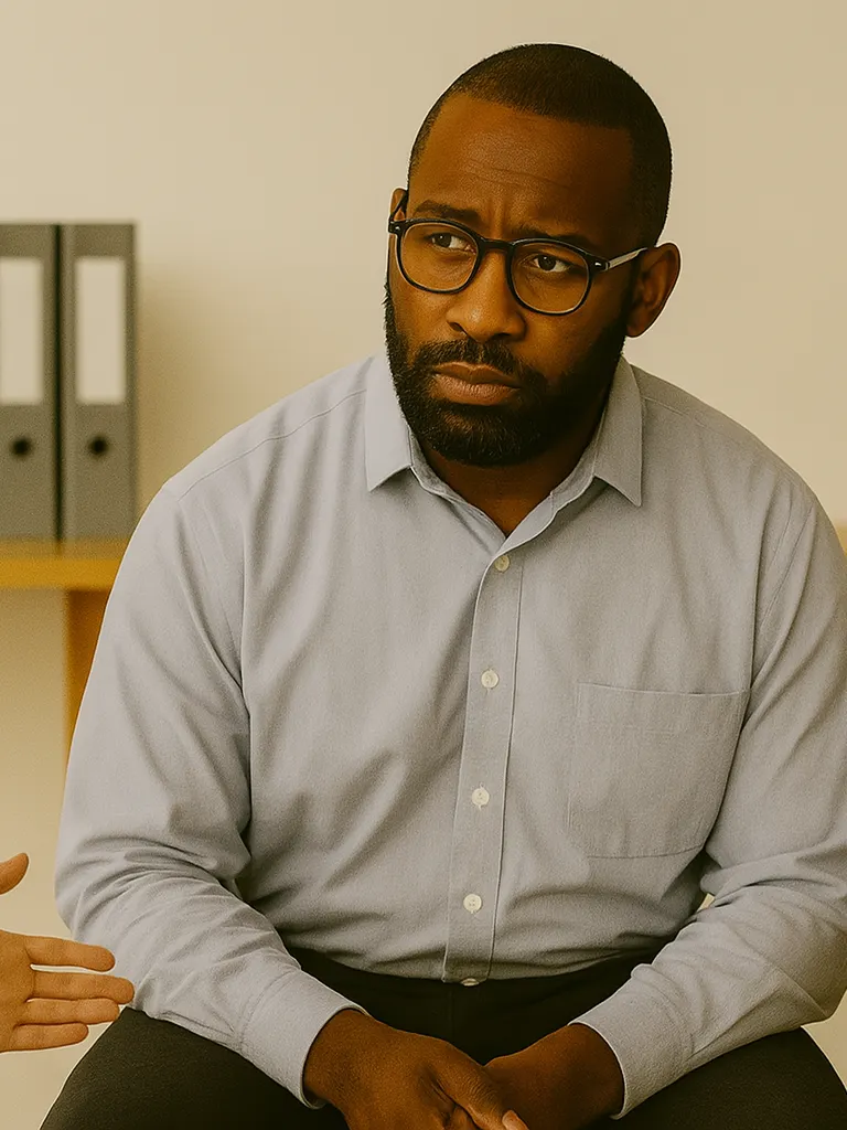 A man frowning at a woman speaking