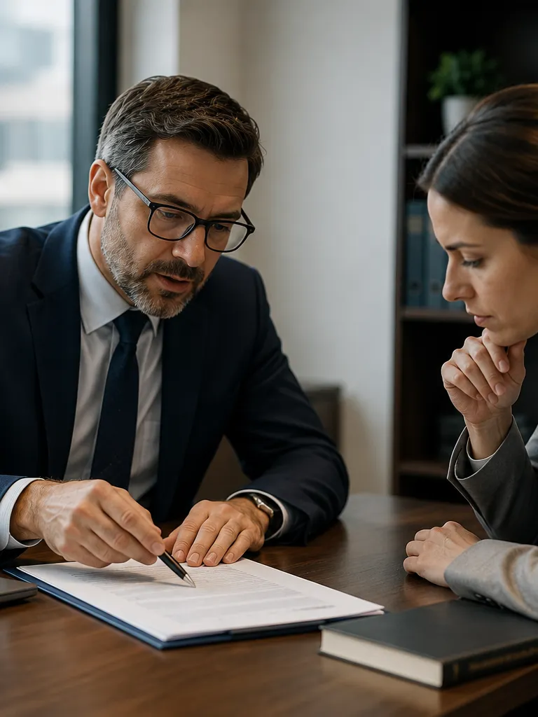 Advisor in a suit reviewing a deferred compensation document with a concerned employee at an office desk.