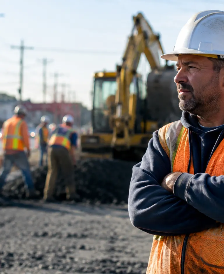 Construction worker in a hard hat and safety vest standing with arms crossed at an active public roadwork site.