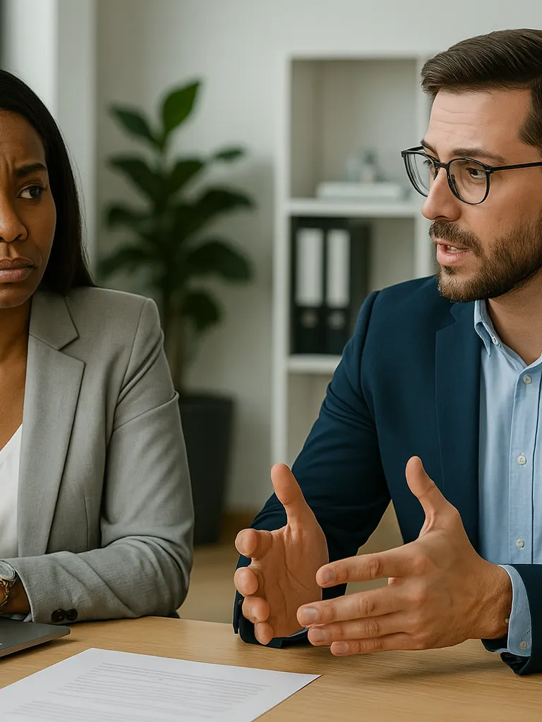 A woman and a man conversing at a desk