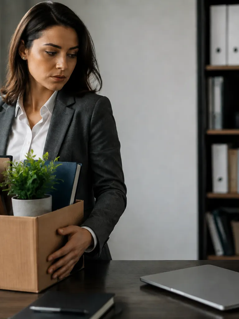 A professional woman packs up her desk after quitting her job, leaving with unresolved questions about her final pay.