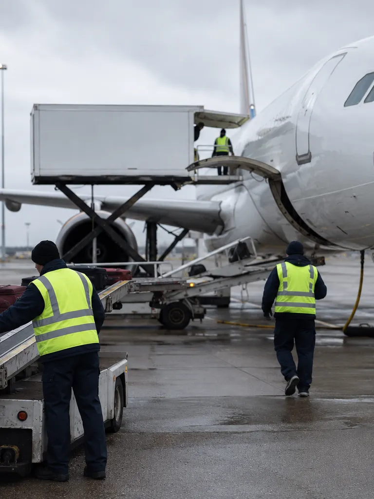 Airport ground crew in high-visibility vests loading cargo and baggage beside a commercial aircraft on a wet tarmac under an overcast sky.