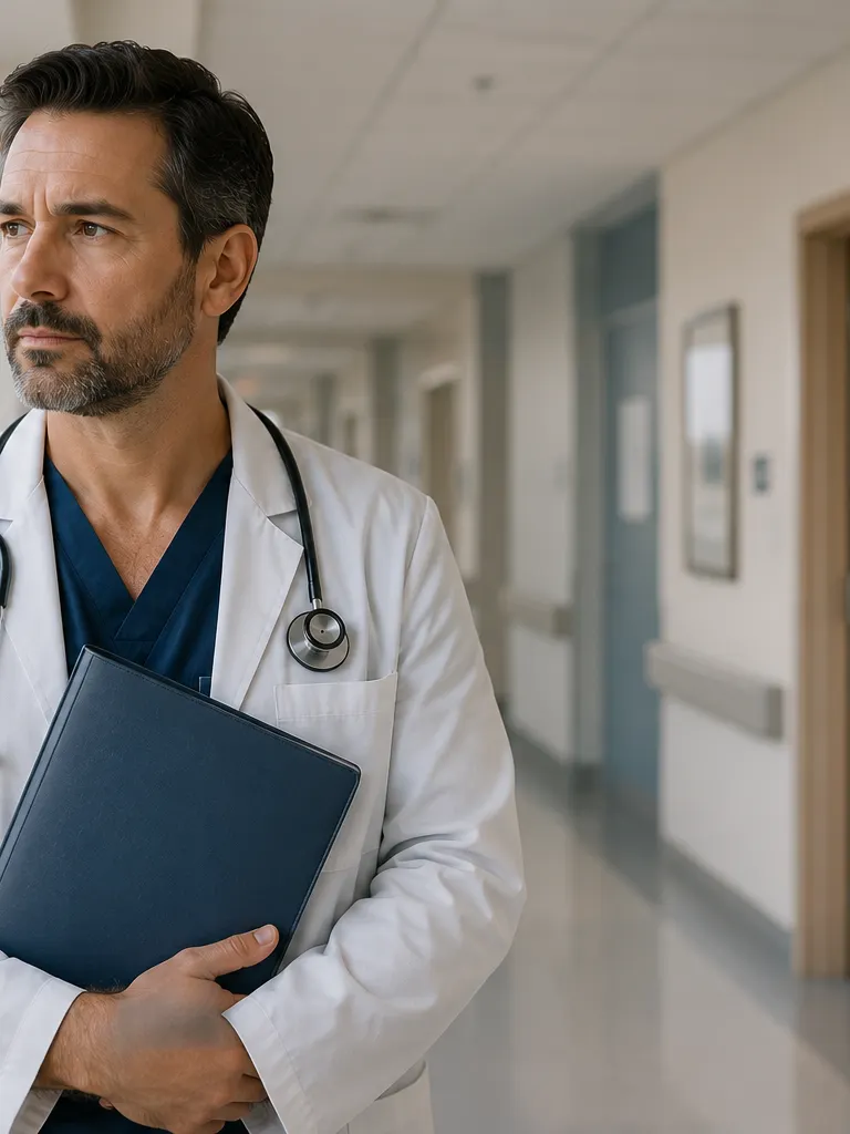 Physician in a white coat holding a folder stands in a clinic corridor, considering a move away from the practice.