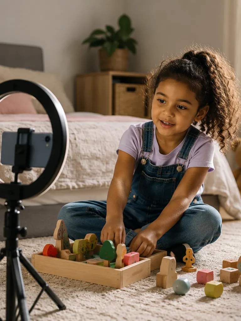 Young child in denim overalls sitting on a bedroom floor playing with colorful wooden toy blocks, in front of a ring light and phone on a tripod set up to record, with a teddy bear and wooden dollhouse nearby.