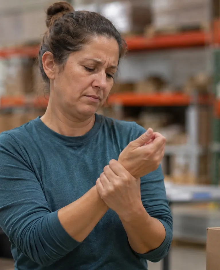 Warehouse worker holding her wrist in pain during a shift, suggesting a repetitive stress injury from cumulative workplace strain.
